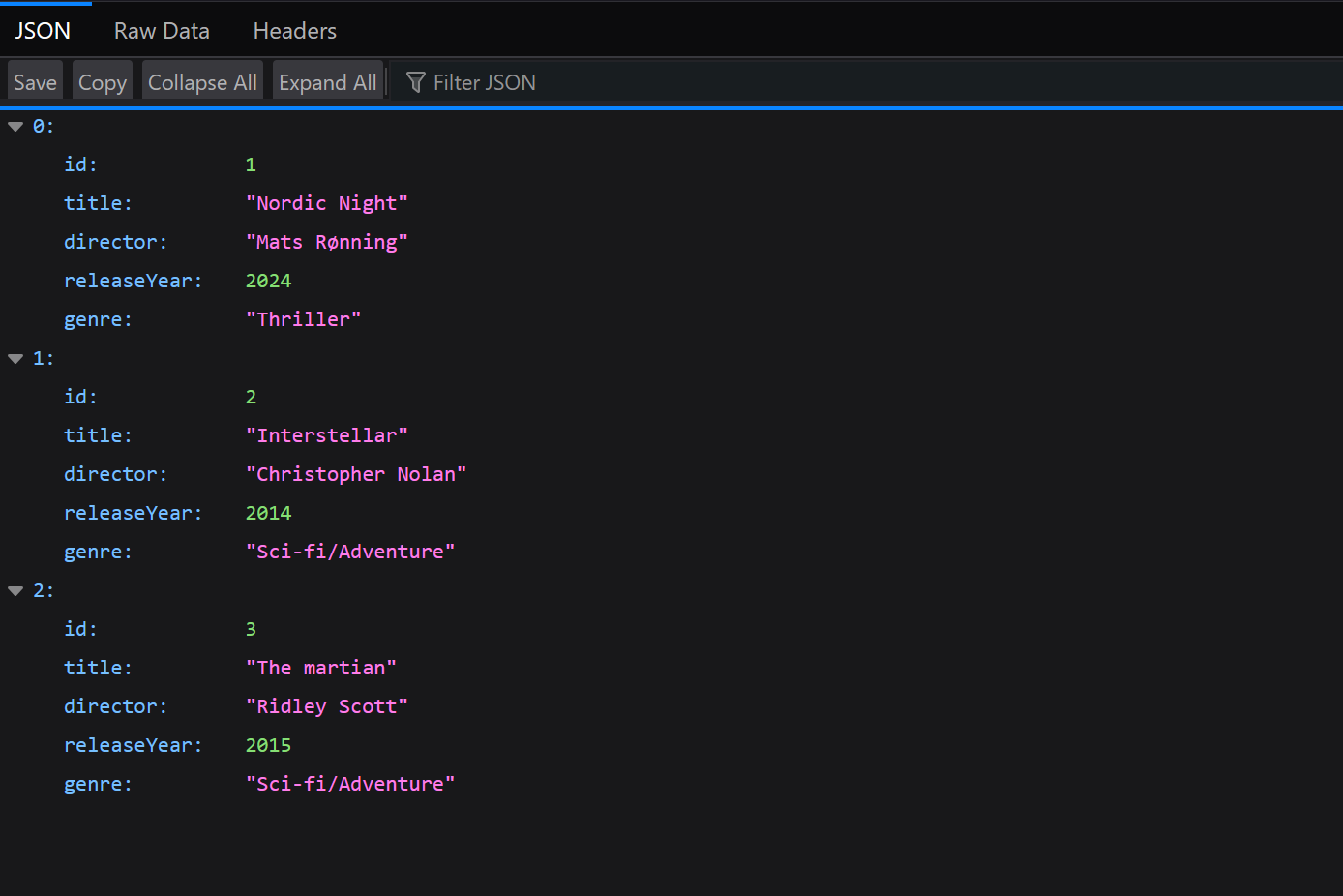 screenshot of JSON data representation of movie reviews